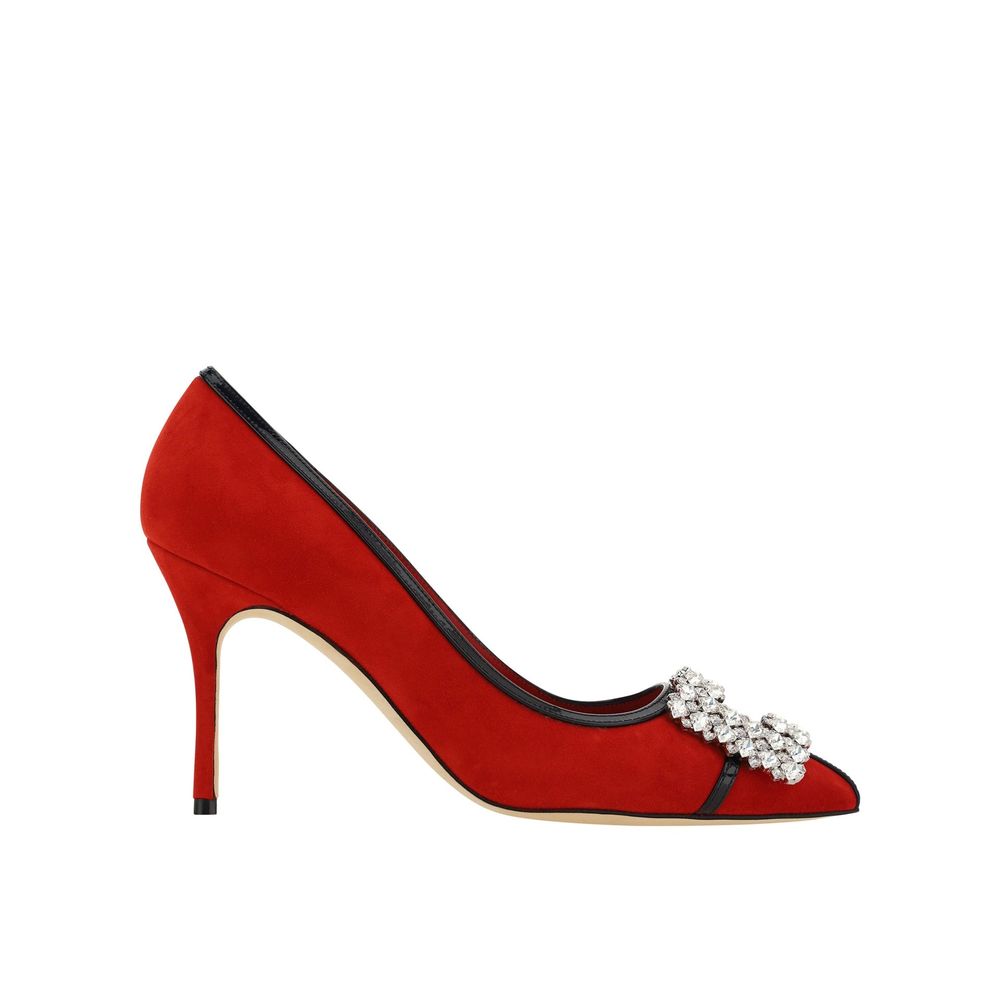 Manolo Blahnik Tuberian 90 Suede Pumps - Red high-heeled shoe with a decorative strap on a white background